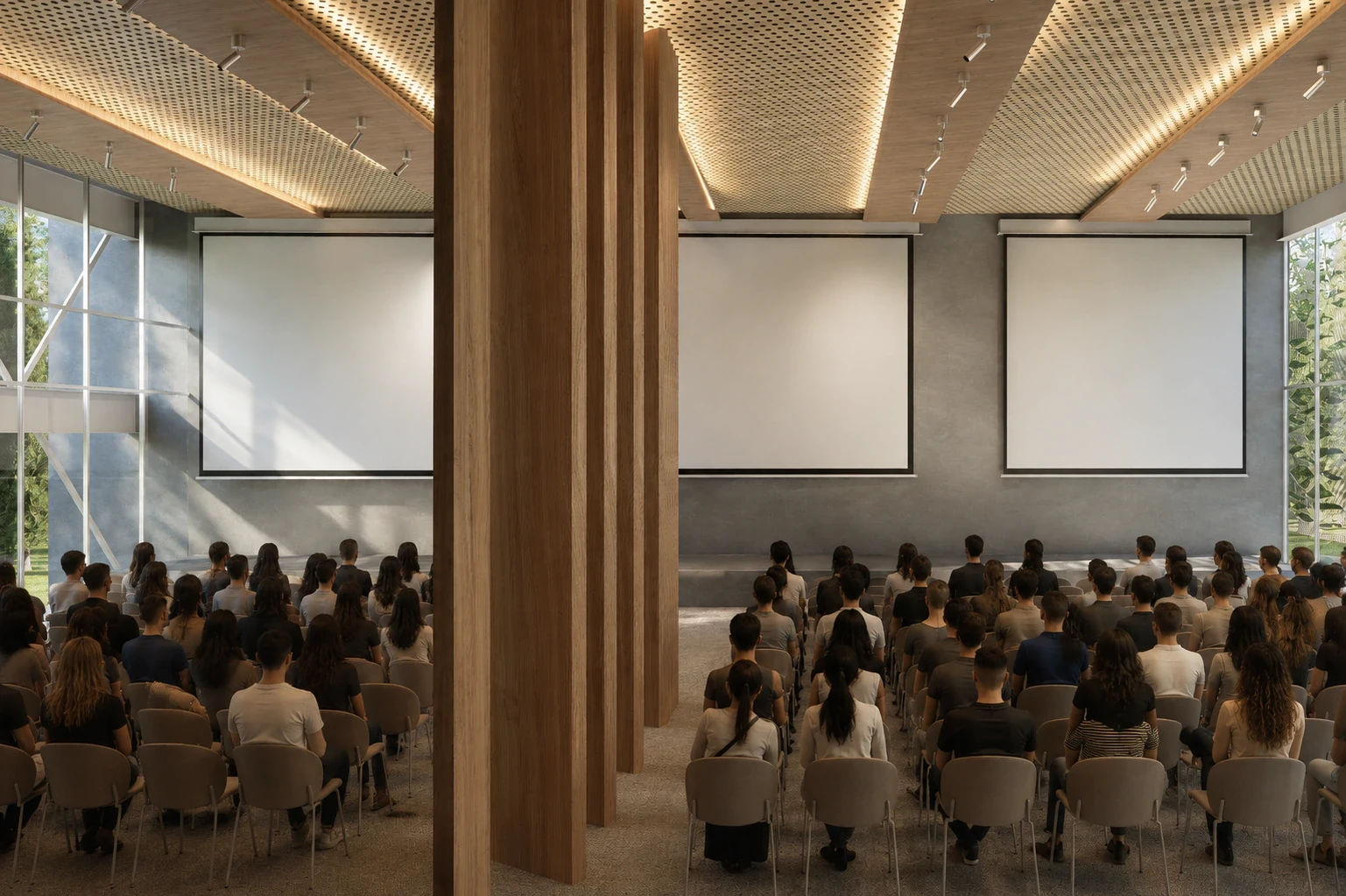 Render del auditorio con gradas suaves y fachada vidriada hacia el parque