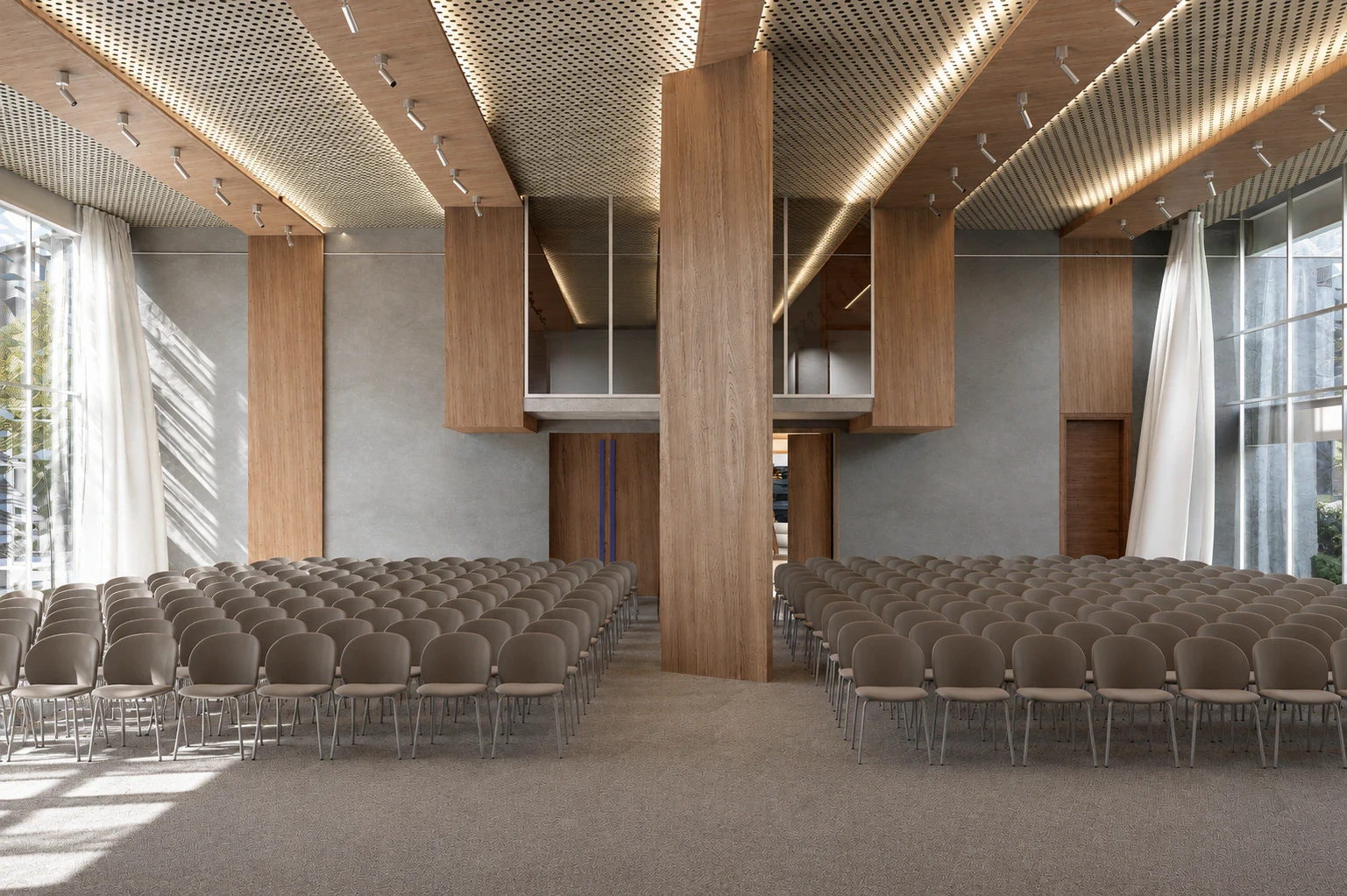 Render del auditorio con gradas suaves y fachada vidriada hacia el parque, vista 2
