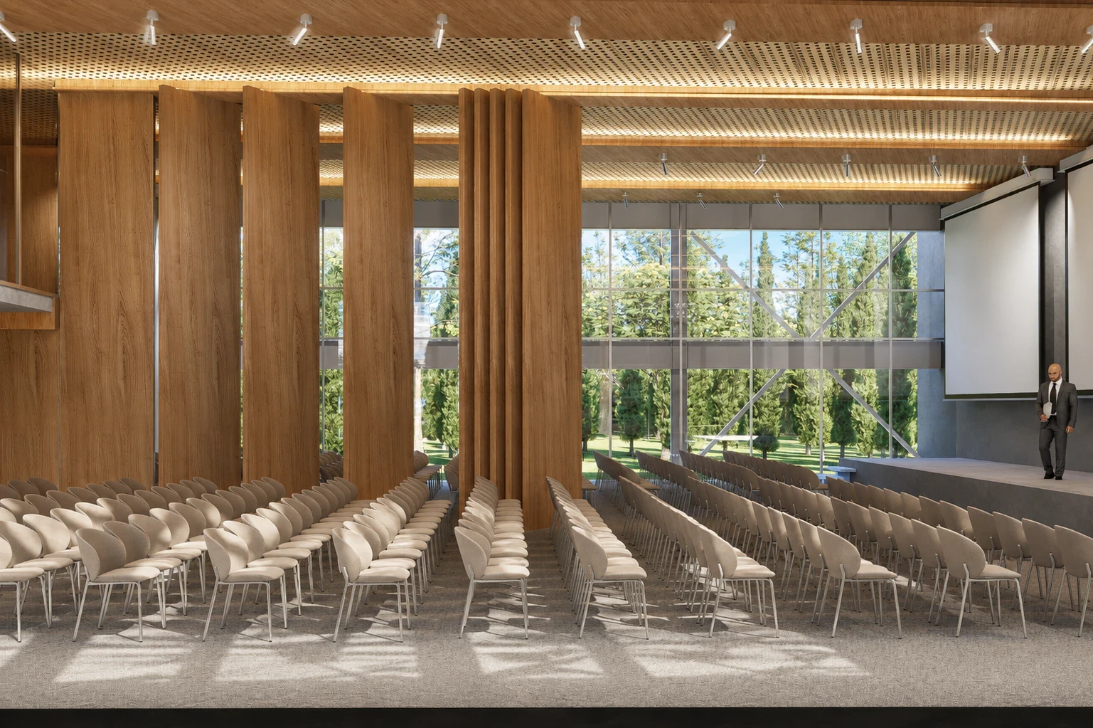 Render del auditorio con gradas suaves y fachada vidriada hacia el parque, vista 3
