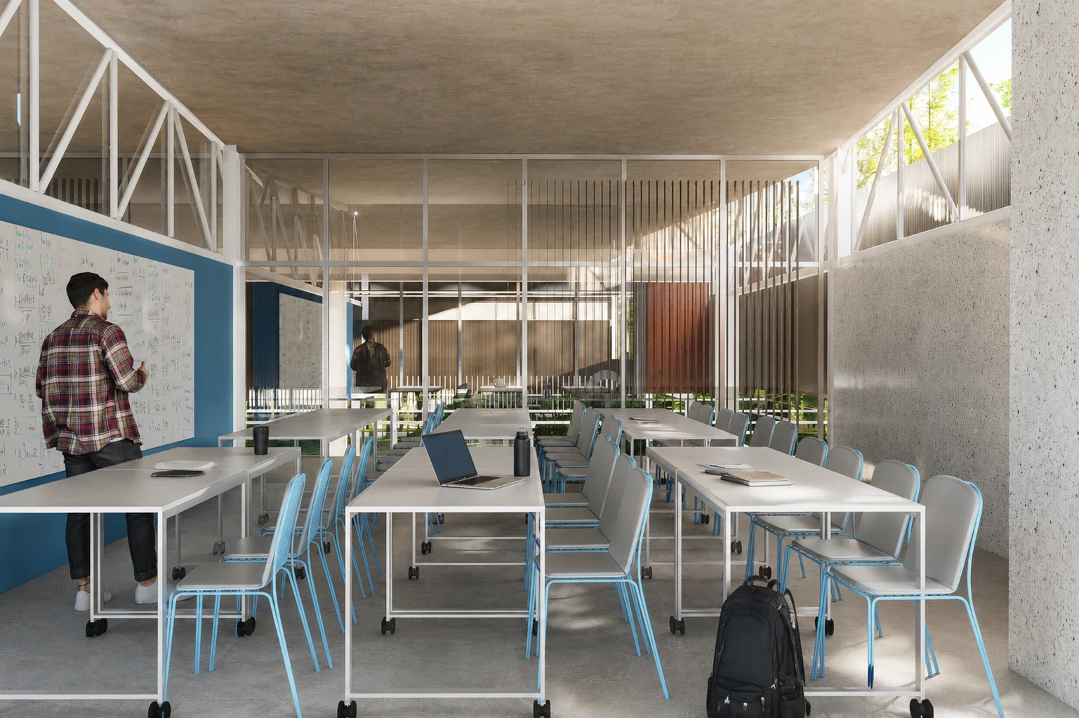Render de las aulas con conexión visual al taller a través de la doble altura
