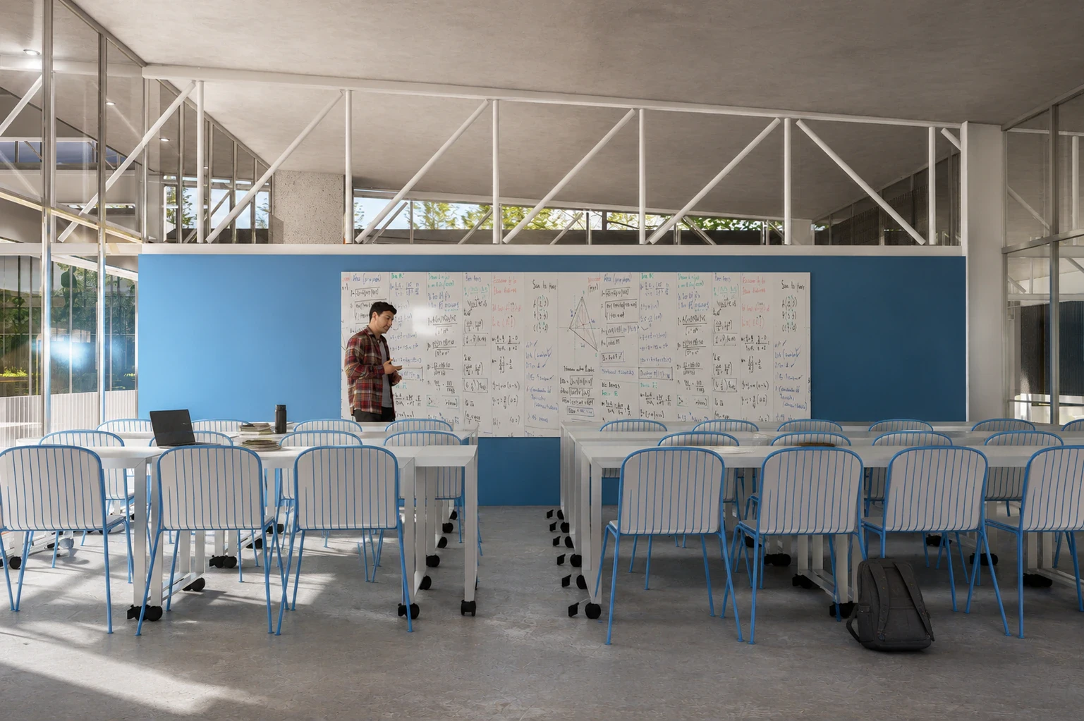 Render de las aulas con conexión visual al taller a través de la doble altura, vista 2