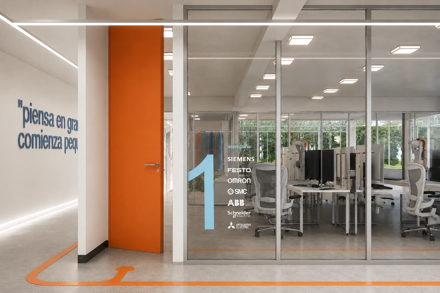 Render de las aulas con conexión visual al taller a través de la doble altura, vista 3