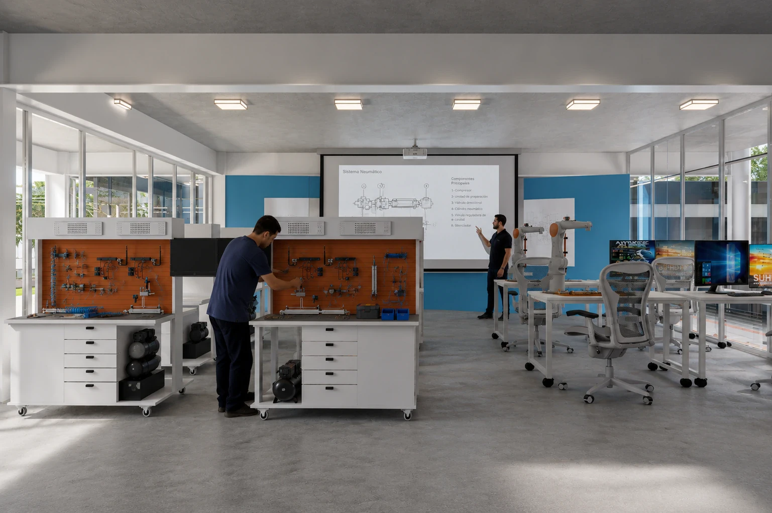 Render de las aulas con conexión visual al taller a través de la doble altura, vista 4