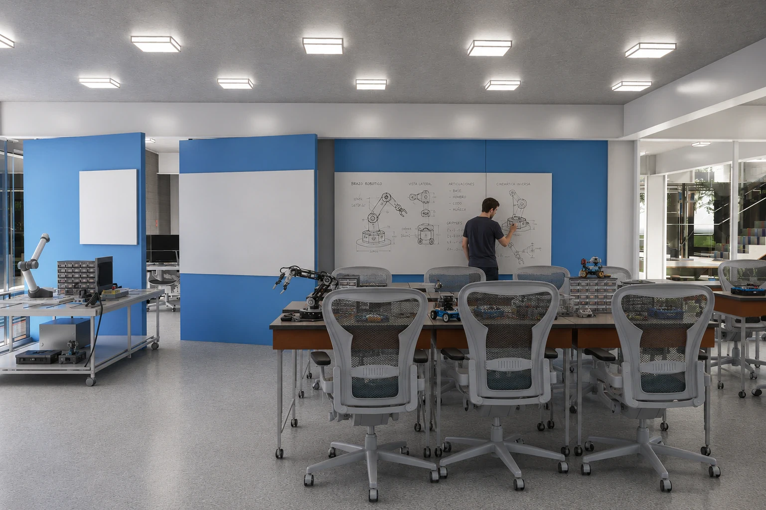 Render de las aulas con conexión visual al taller a través de la doble altura, vista 5
