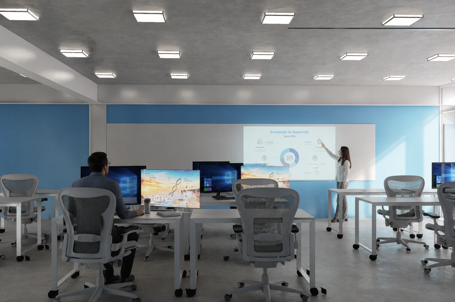 Render de las aulas con conexión visual al taller a través de la doble altura, vista 6