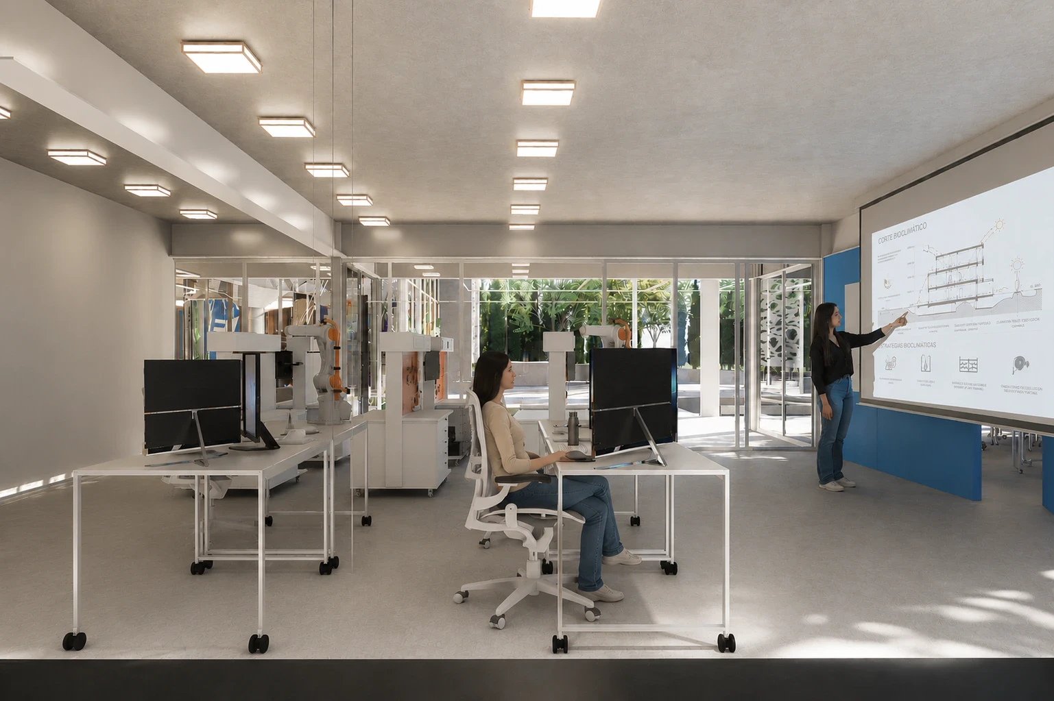 Render de las aulas con conexión visual al taller a través de la doble altura, vista 7