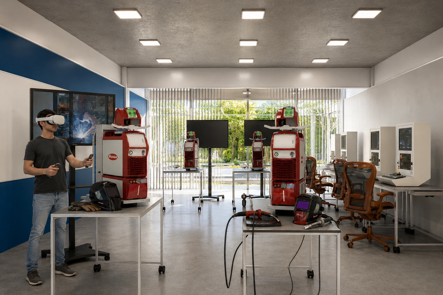 Render de las aulas con conexión visual al taller a través de la doble altura, vista 8