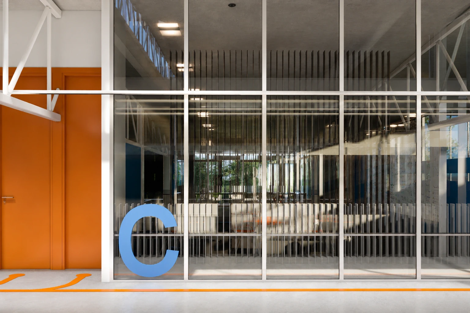 Render de las aulas con conexión visual al taller a través de la doble altura, vista 10
