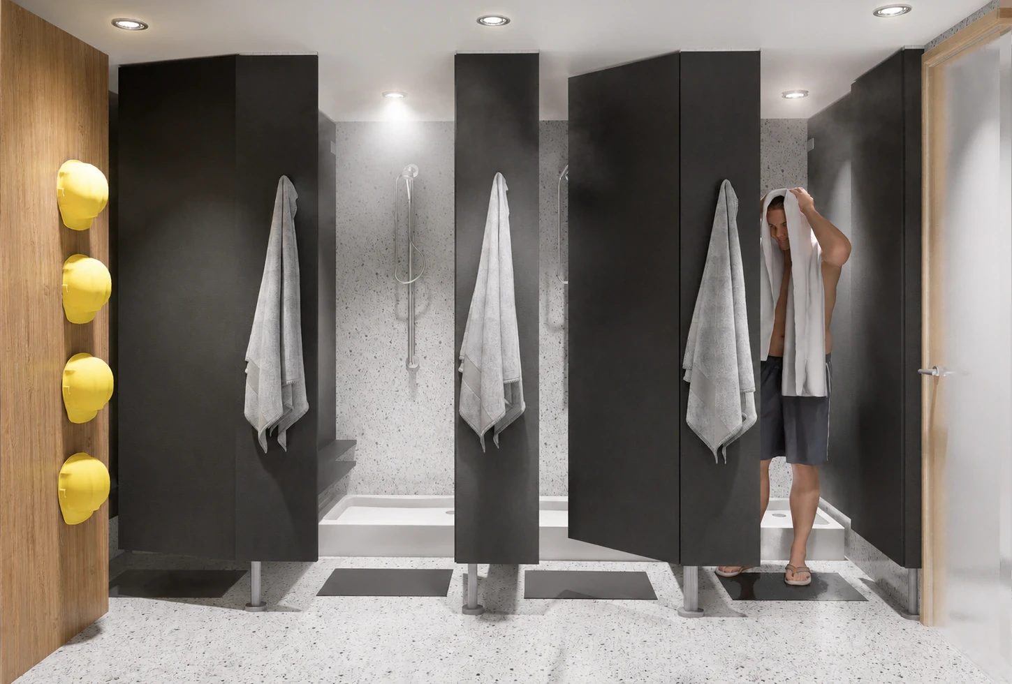 Render de los baños y vestuarios con sanitarios, lockers y duchas