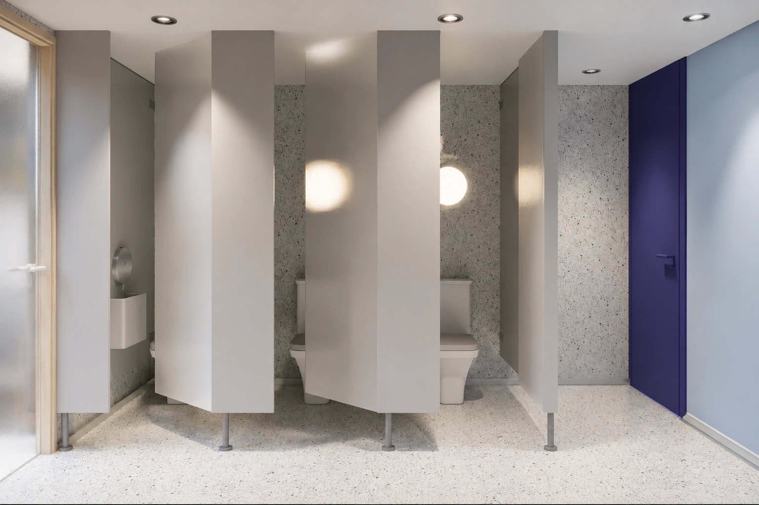 Render de los baños y vestuarios con sanitarios, lockers y duchas, vista 2