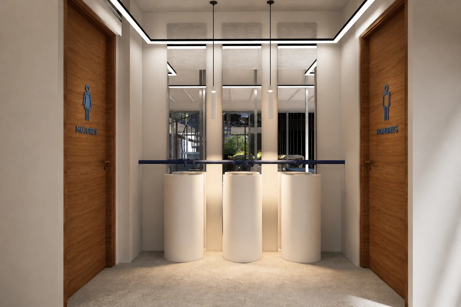 Render de los baños y vestuarios con sanitarios, lockers y duchas, vista 3