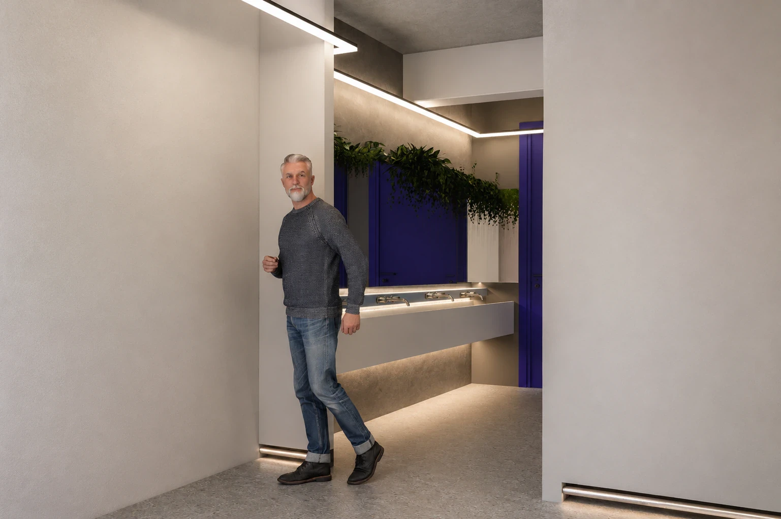 Render de los baños y vestuarios con sanitarios, lockers y duchas, vista 4