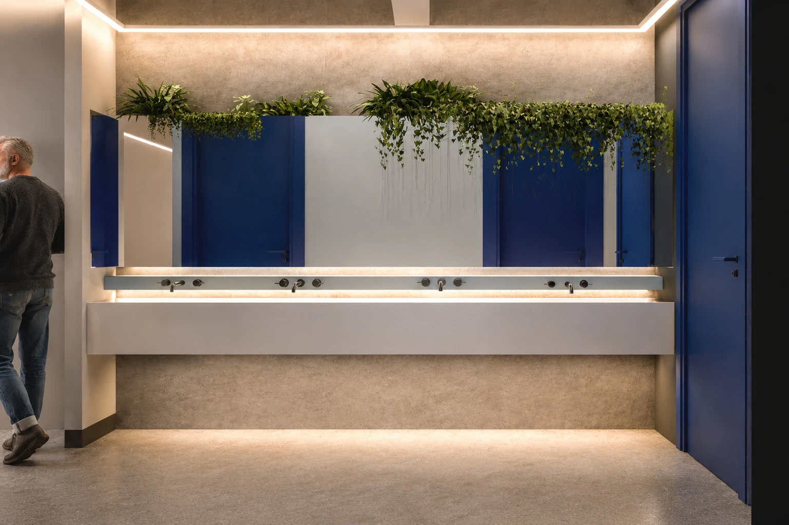 Render de los baños y vestuarios con sanitarios, lockers y duchas, vista 5