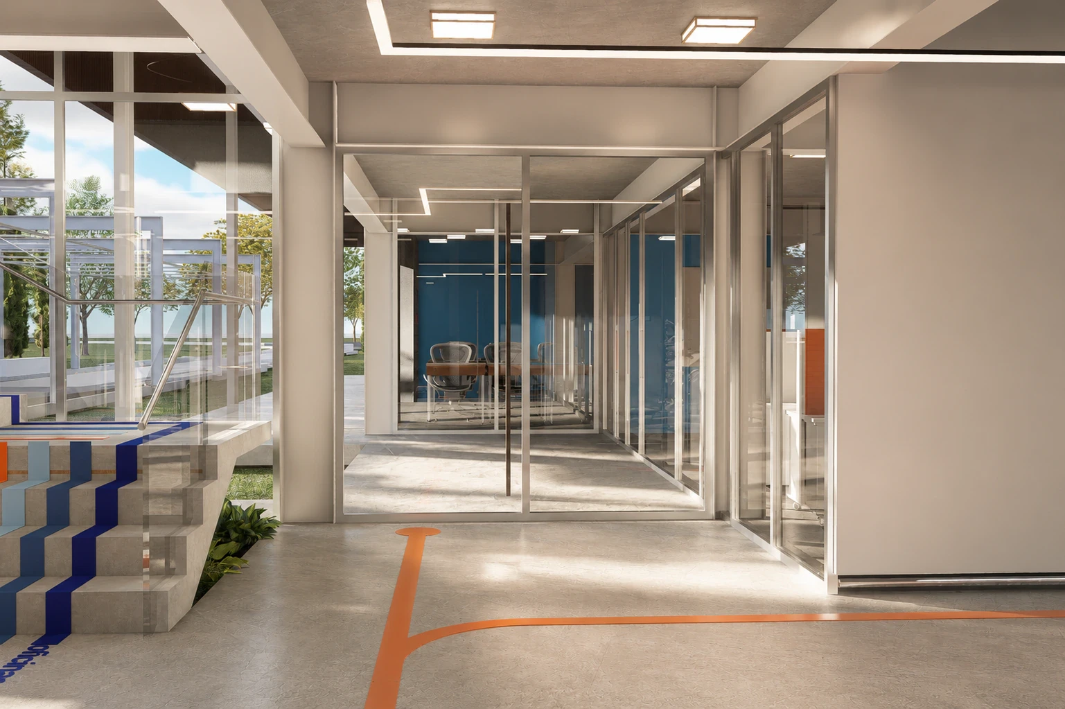 Render de las circulaciones con el sistema de orientación integrado a la arquitectura