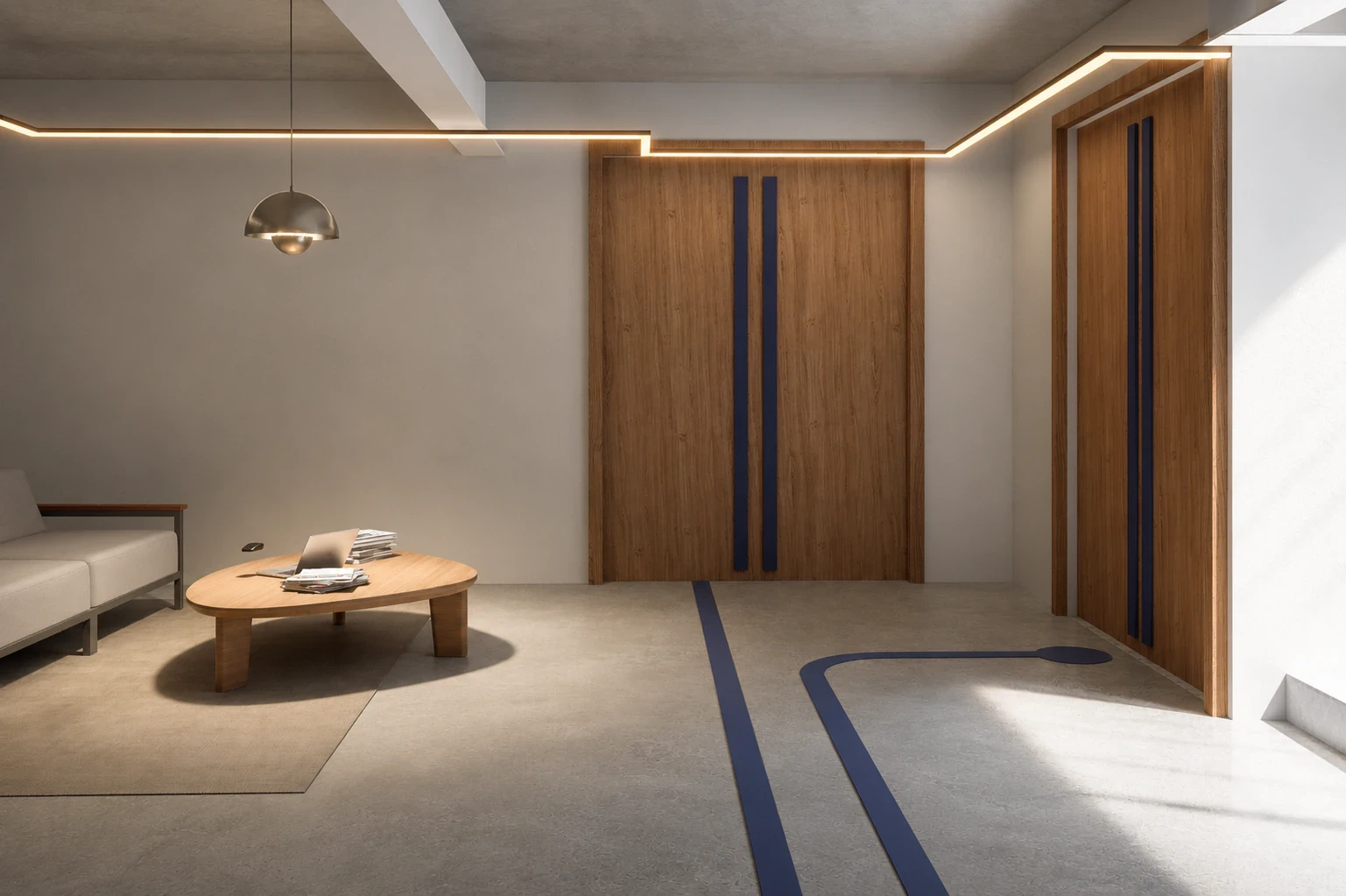 Render de las circulaciones con el sistema de orientación integrado a la arquitectura, vista 2