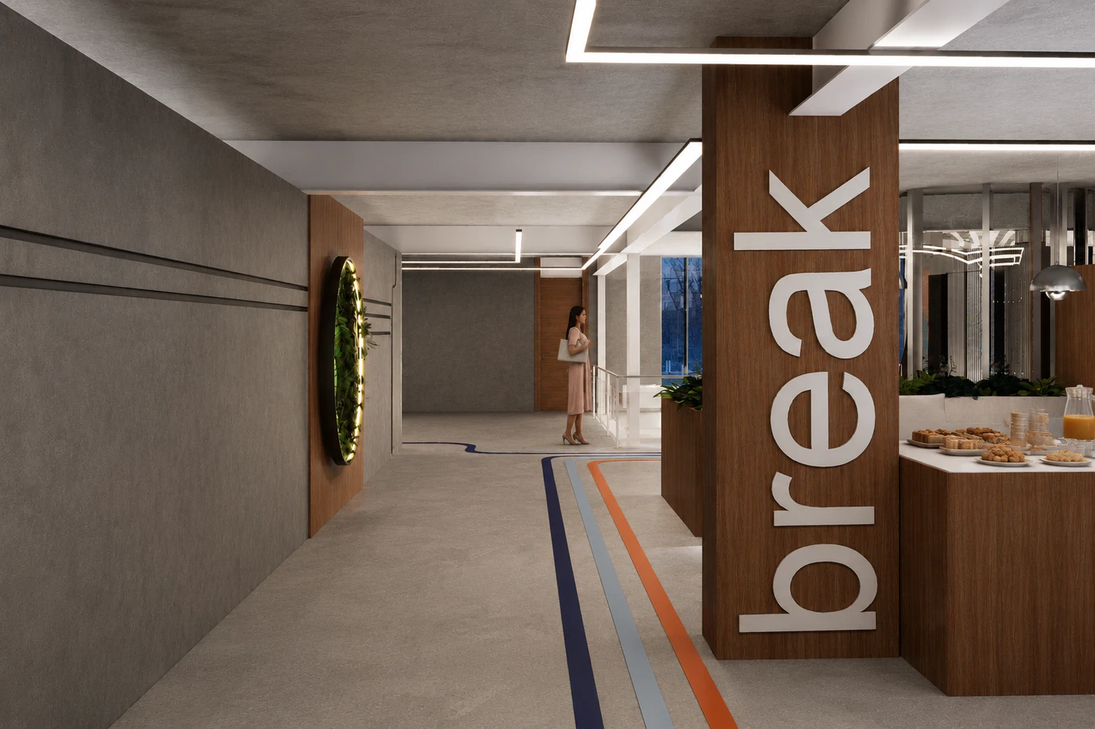 Render de las circulaciones con el sistema de orientación integrado a la arquitectura, vista 3