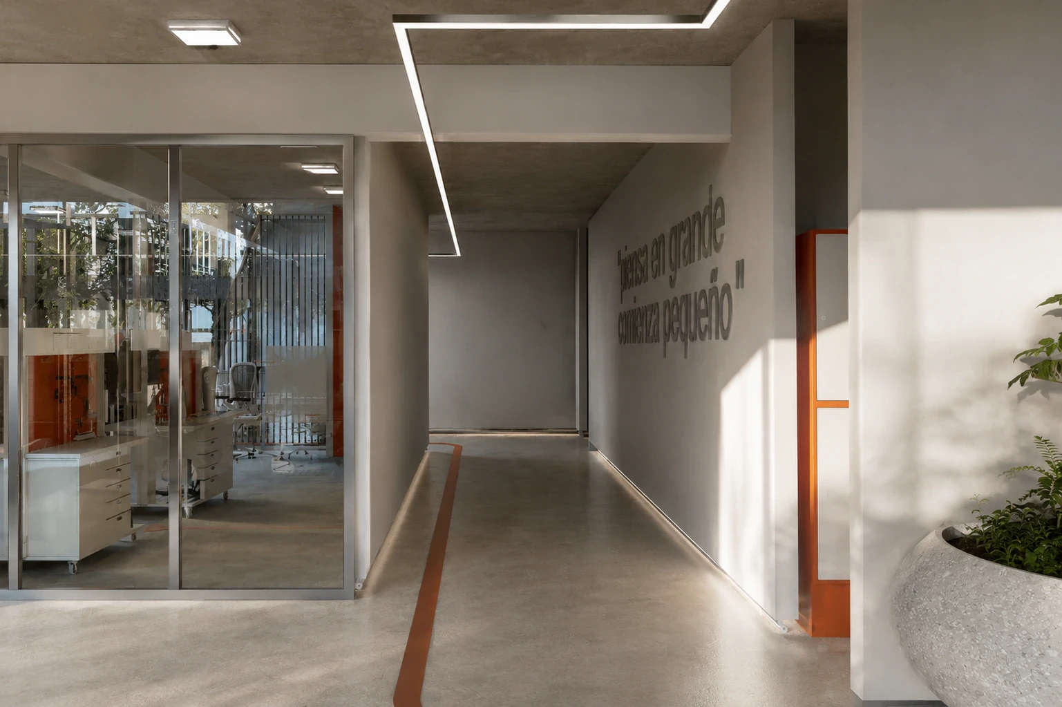 Render de las circulaciones con el sistema de orientación integrado a la arquitectura, vista 4
