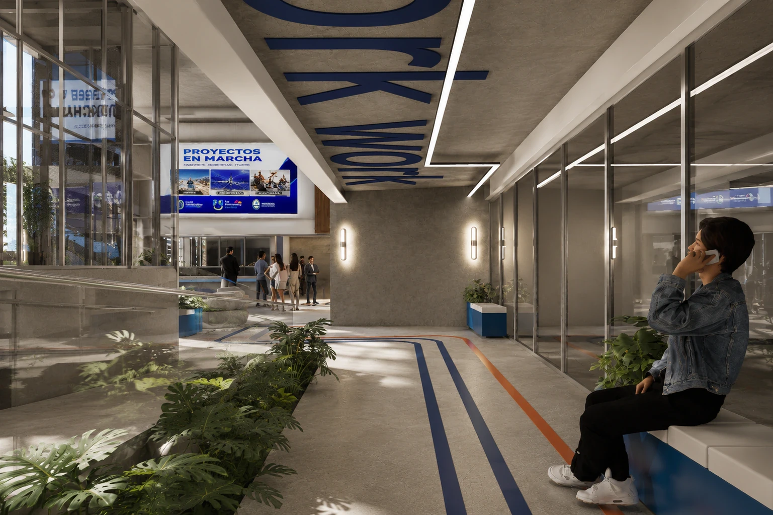 Render de las circulaciones con el sistema de orientación integrado a la arquitectura, vista 5
