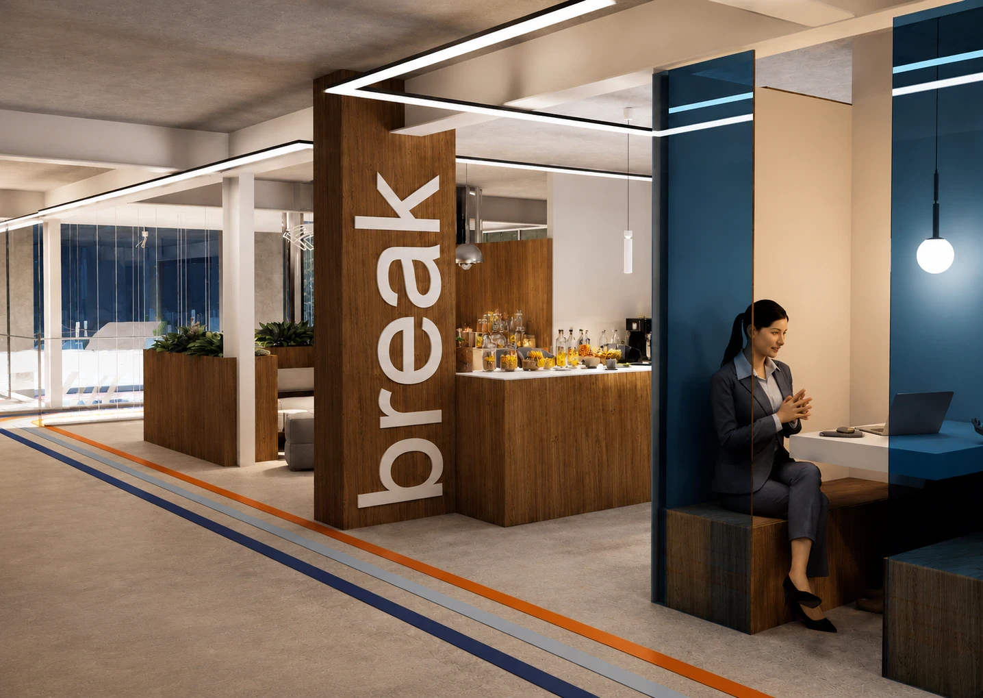 Render de los espacios comunes con mobiliario modular y mesas comunitarias