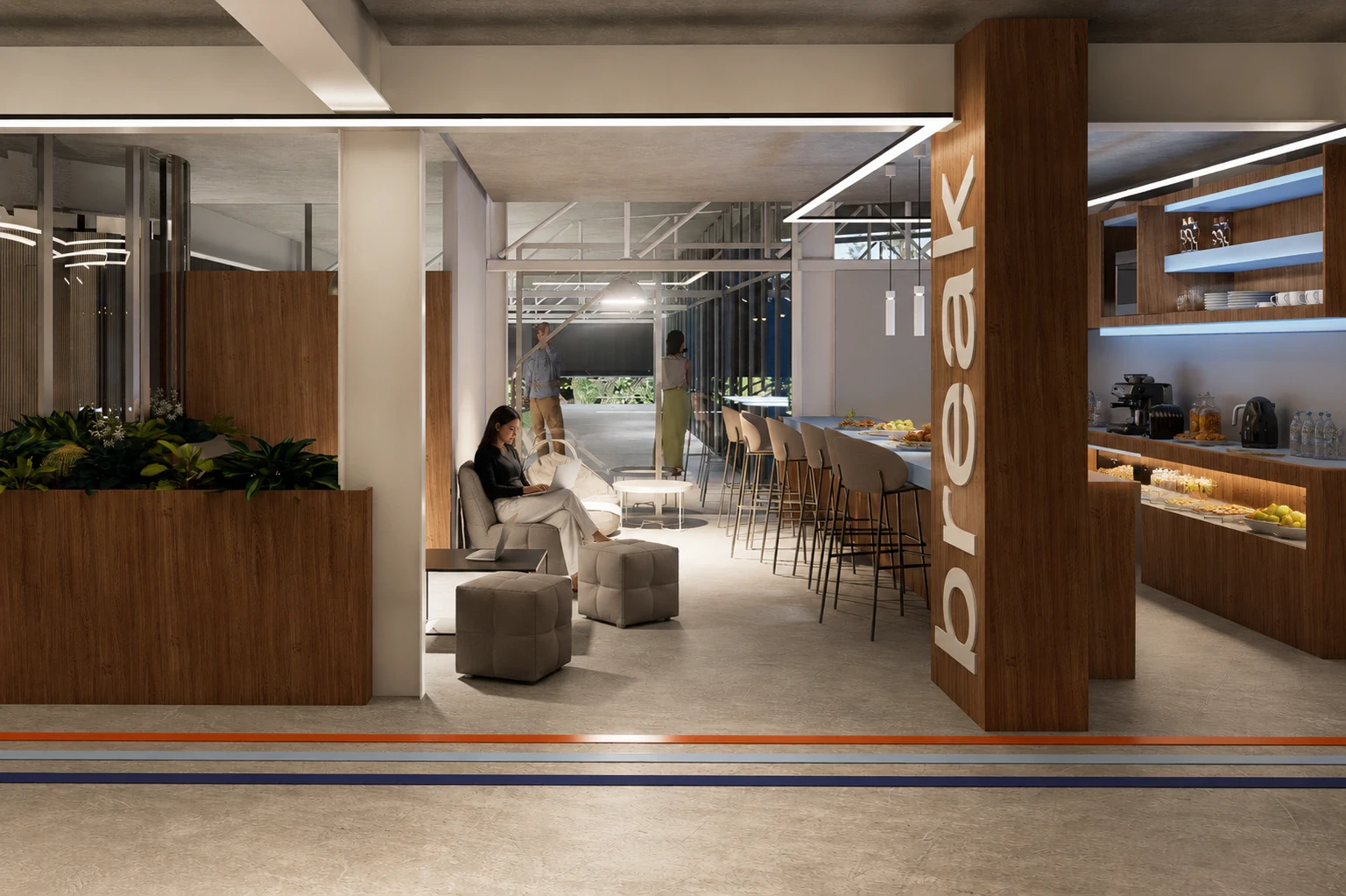 Render de los espacios comunes con mobiliario modular y mesas comunitarias, vista 3