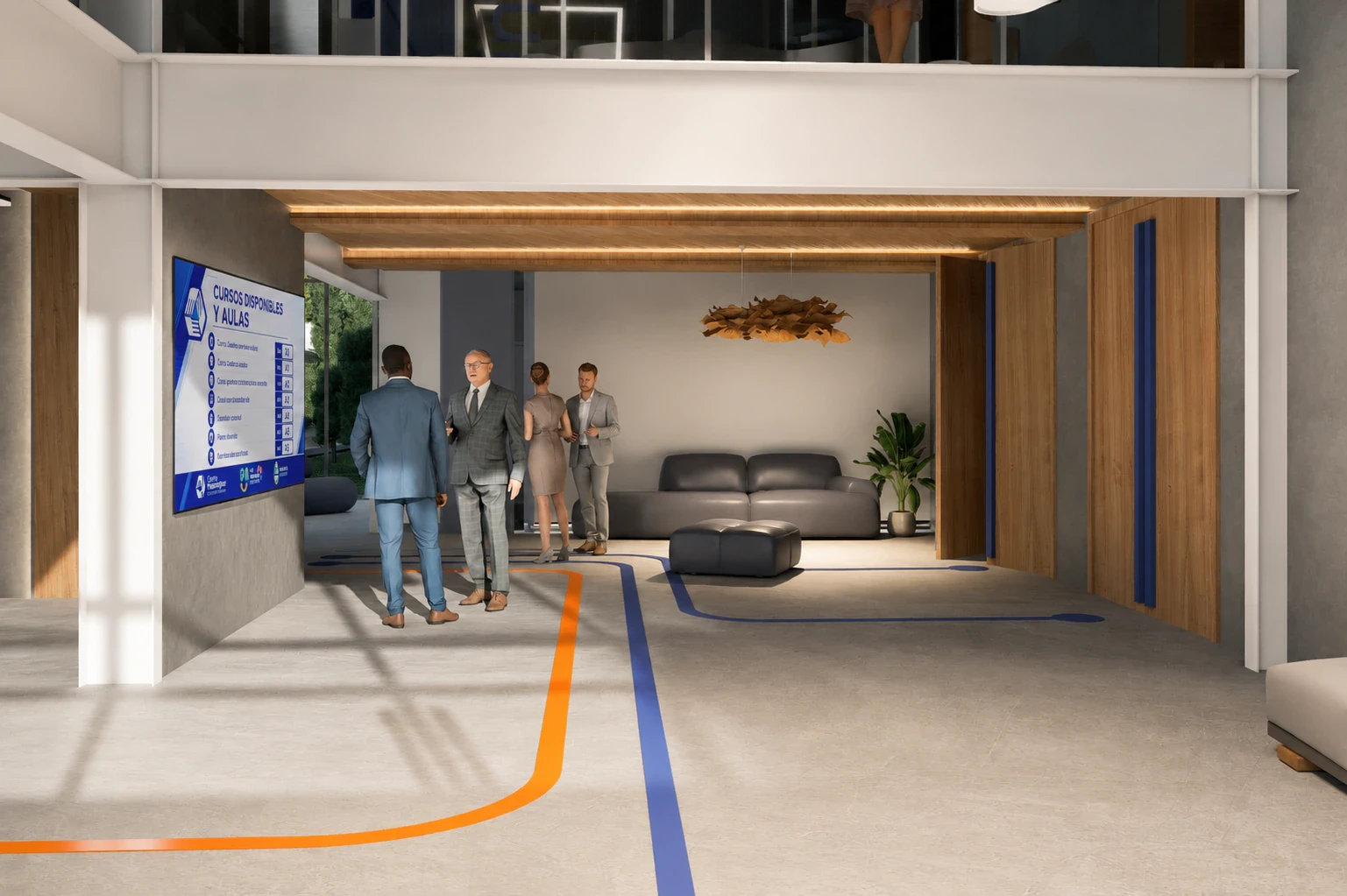 Render de los espacios comunes con mobiliario modular y mesas comunitarias, vista 4