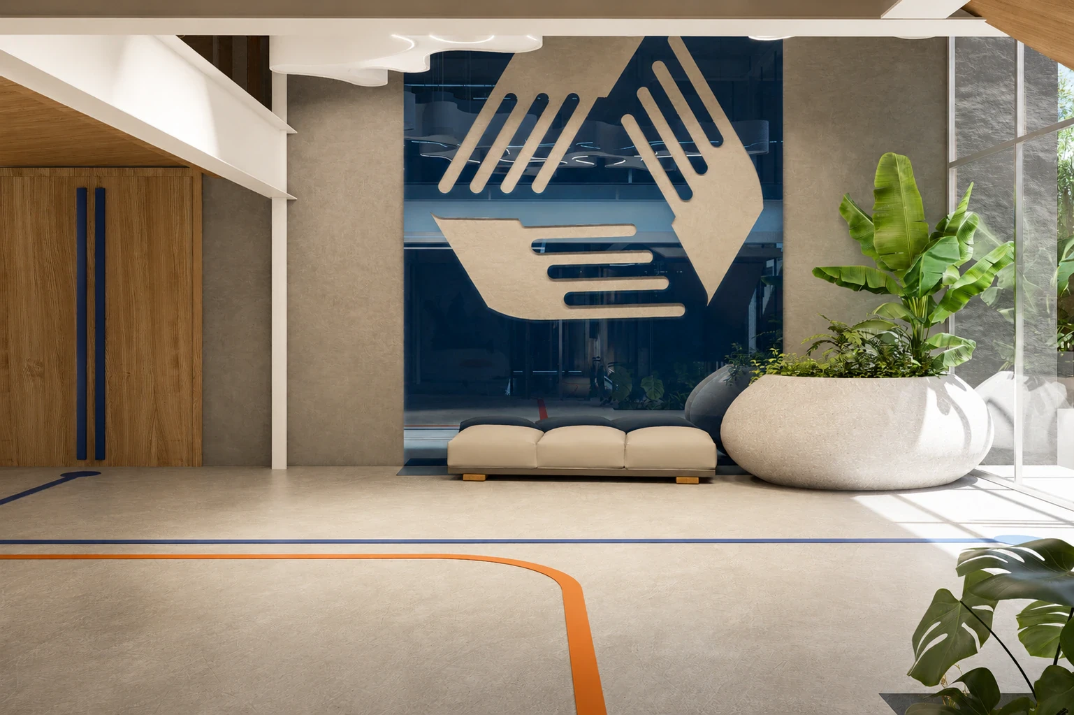Render de los espacios comunes con mobiliario modular y mesas comunitarias, vista 6
