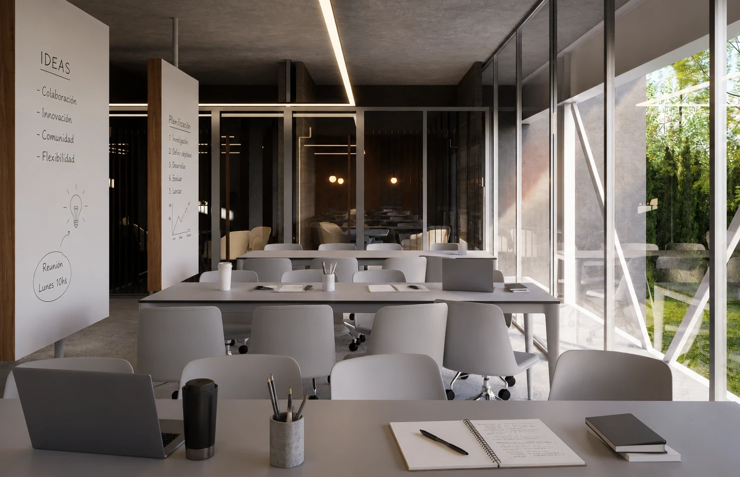 Render del espacio de coworking, vista 2