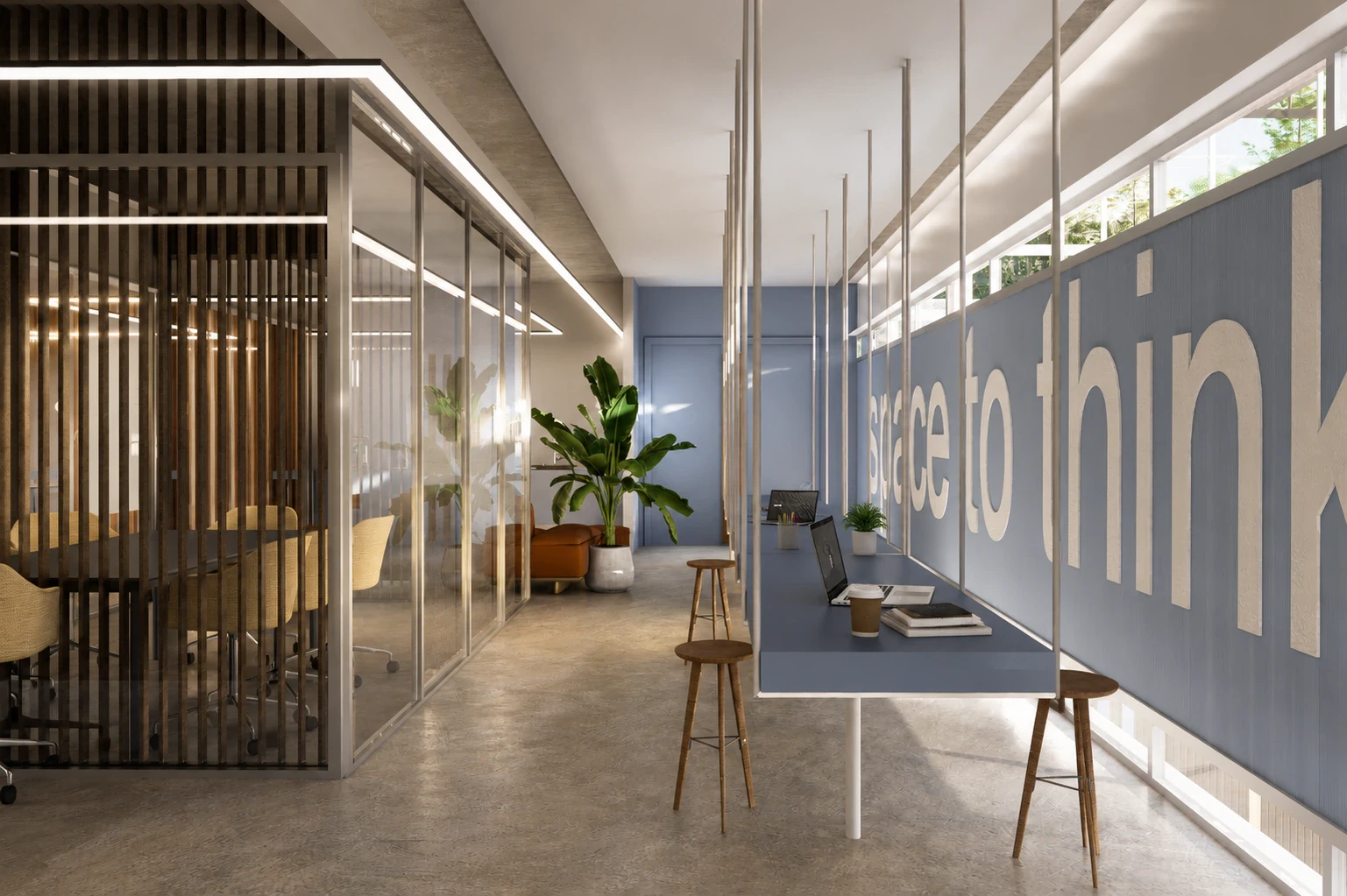 Render del espacio de coworking, vista 3