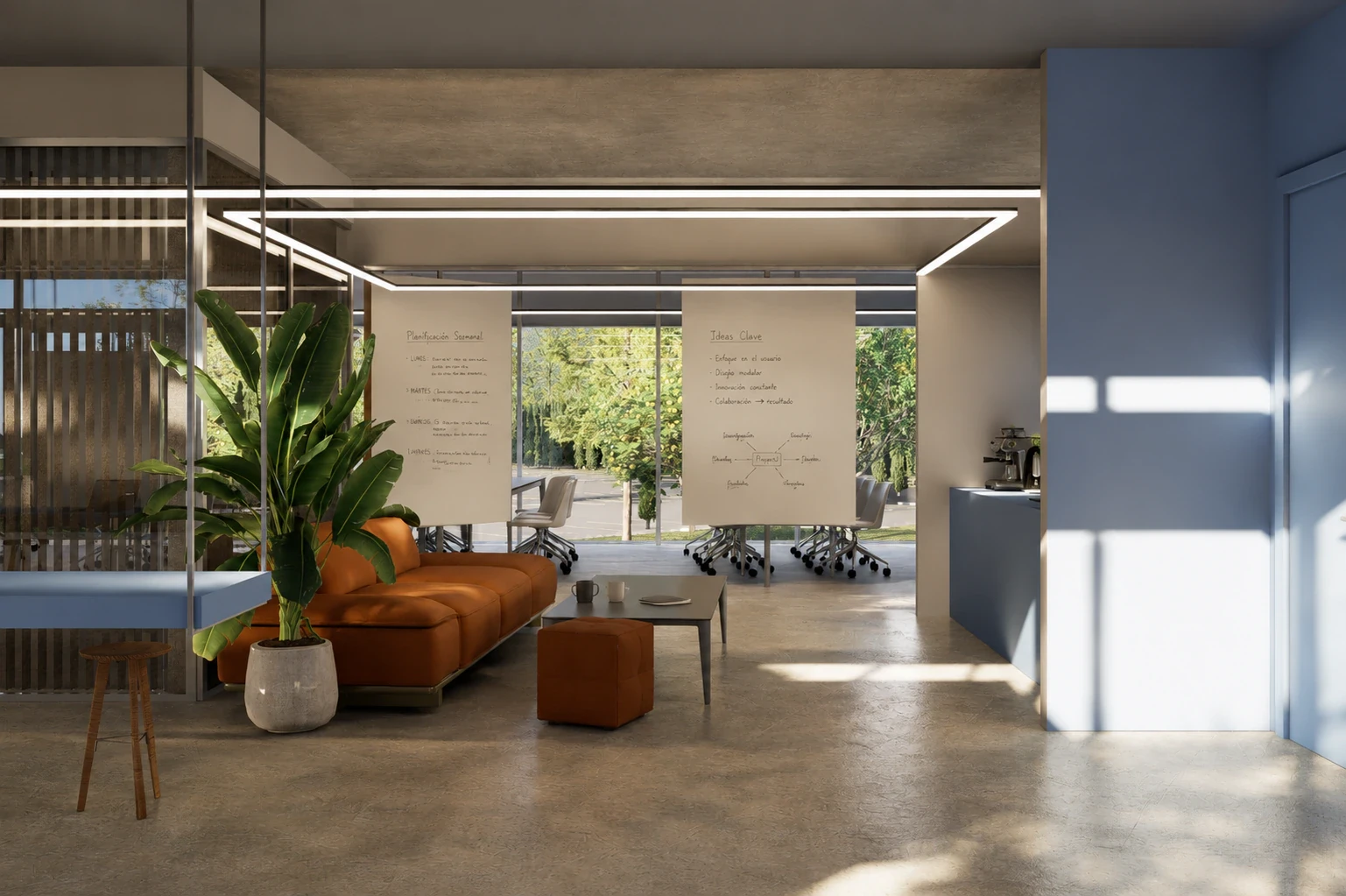 Render del espacio de coworking, vista 4