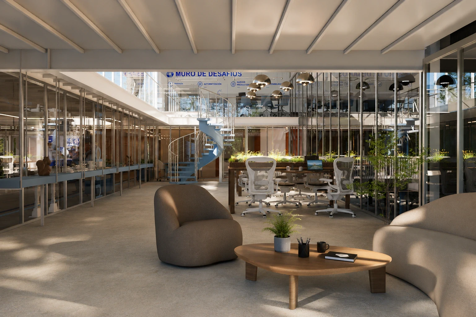 Render del HUB de innovación y desarrollo con conexión visual al taller, vista 2