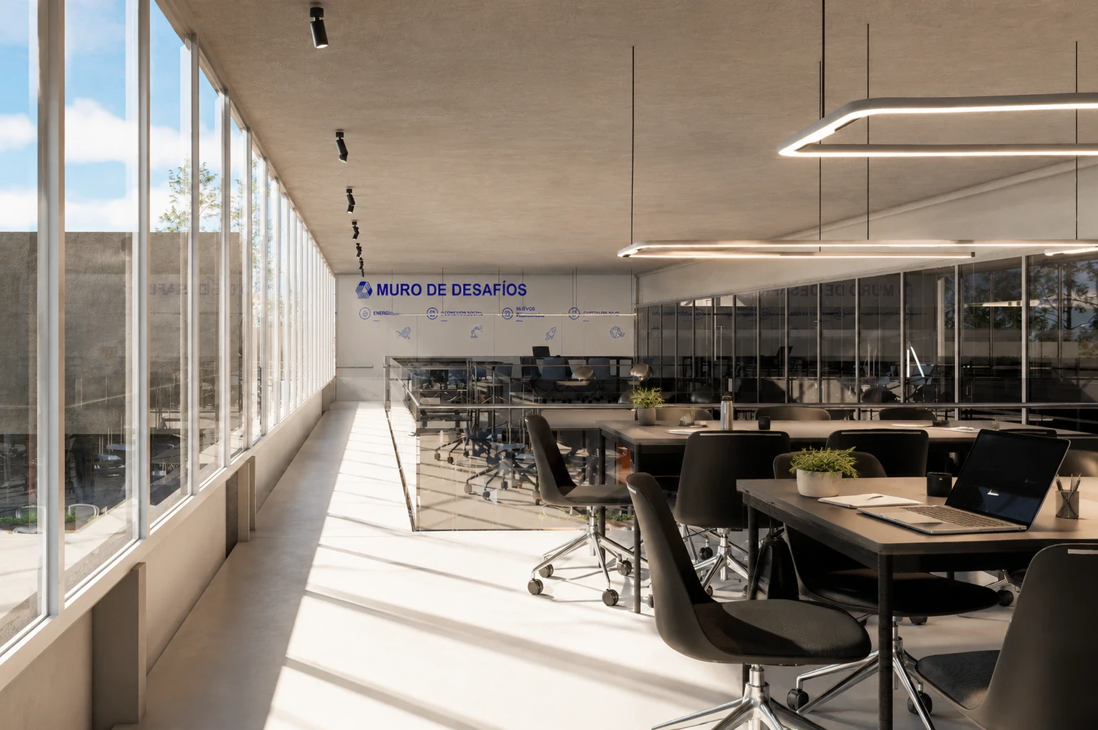 Render del HUB de innovación y desarrollo con conexión visual al taller, vista 3