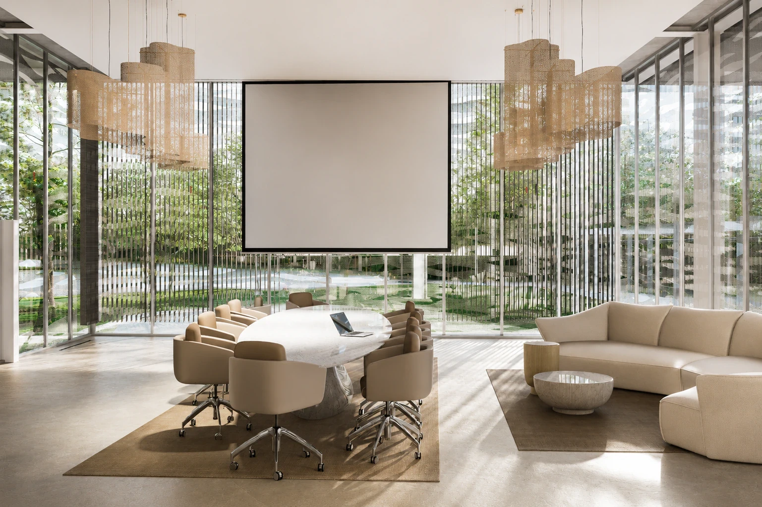 Render de la sala de reuniones suspendida sobre el parque