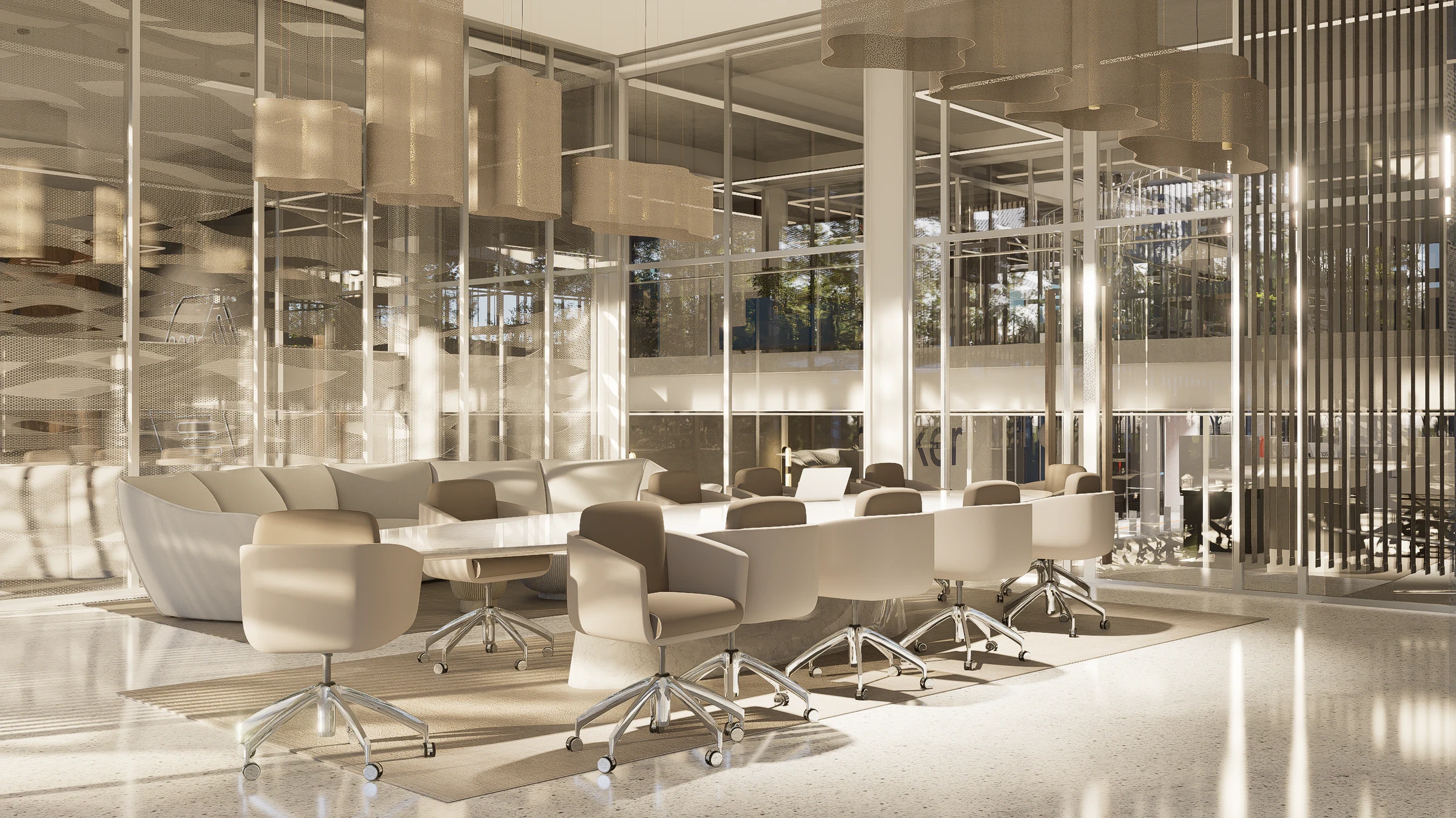 Render de la sala de reuniones suspendida sobre el parque, vista 2