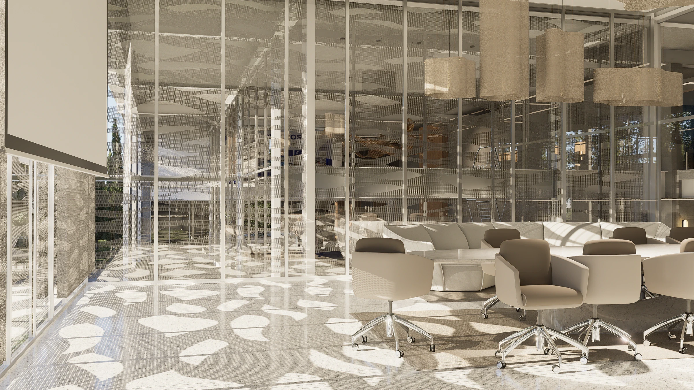 Render de la sala de reuniones suspendida sobre el parque, vista 3