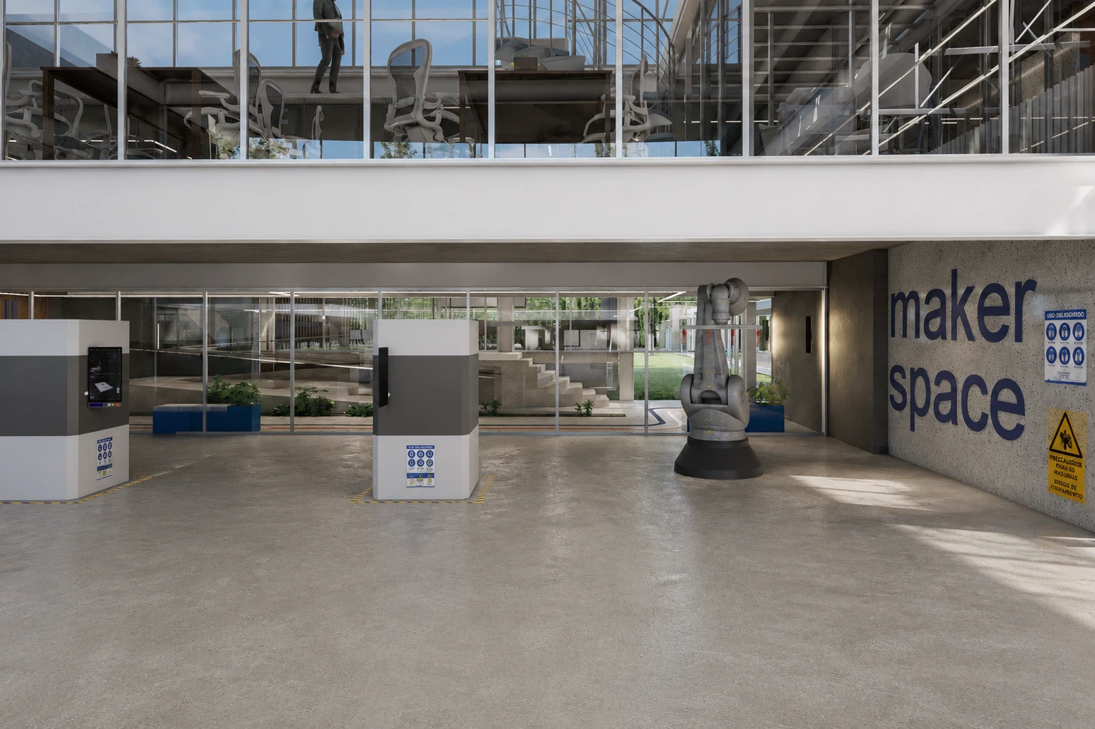Render del taller de doble altura con estructura metálica liviana