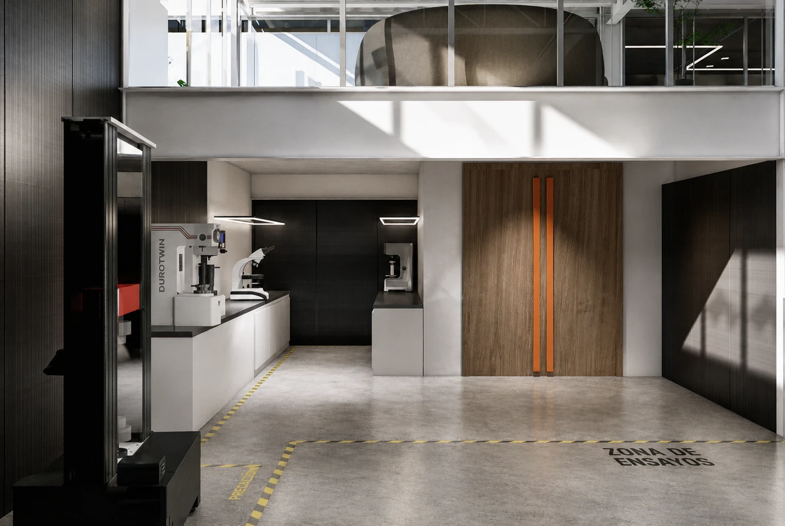 Render del taller de doble altura con estructura metálica liviana, vista 8