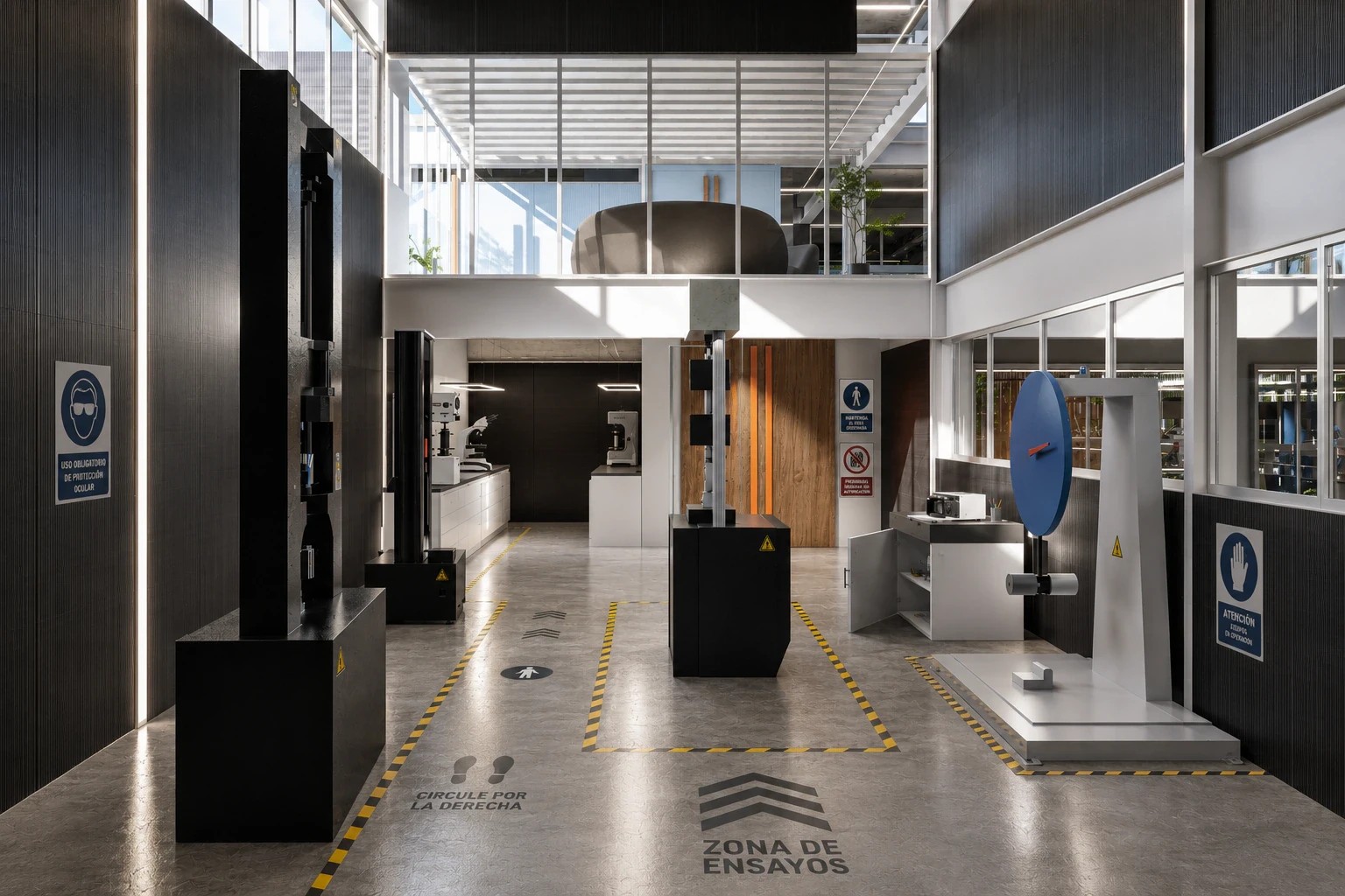 Render del taller de doble altura con estructura metálica liviana, vista 9