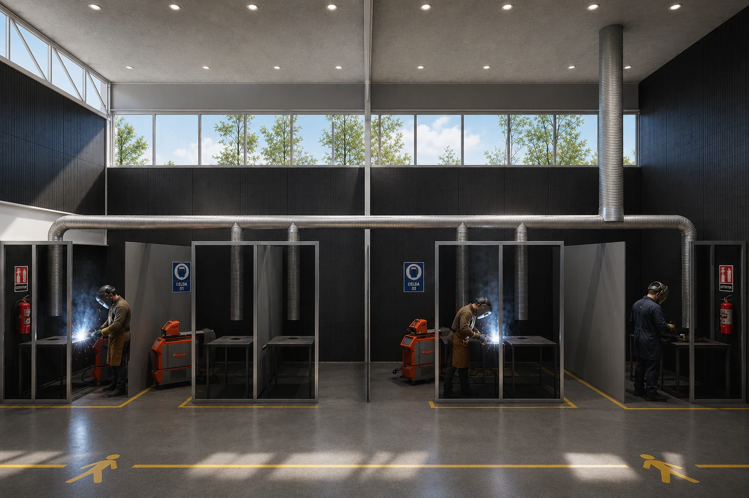 Render del taller de doble altura con estructura metálica liviana, vista 11