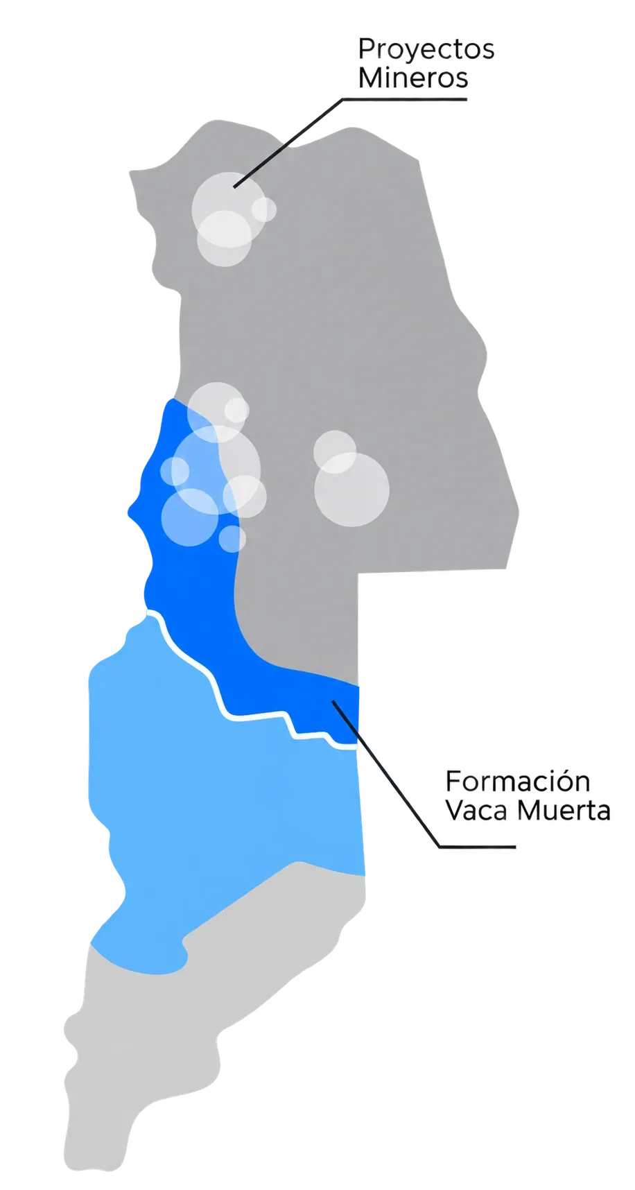 Mapa de Mendoza: los proyectos mineros en el norte de la provincia y la Formación Vaca Muerta en el sur.